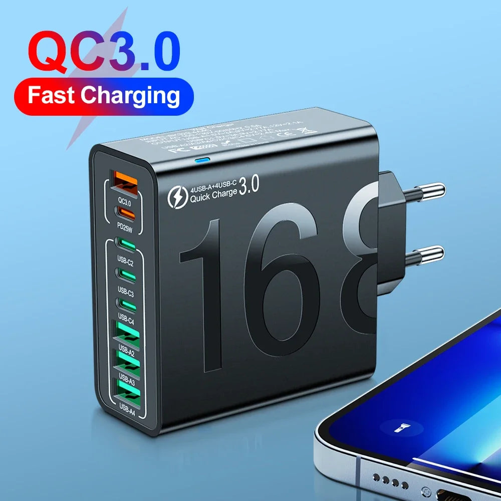 Cargador Pared USB Tipo C Múltiple 8 Puertos Alta Velocidad Carga Rápida PD para iPhone 15/Xiaomi/Huawei