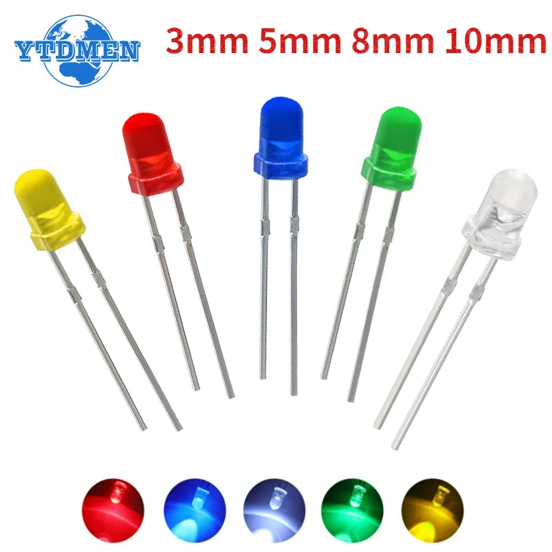 Kit Surtido Diodos LED (3mm/5mm/8mm/10mm, Rojo/Amarillo/Azul/Verde/Blanco) para DIY Electrónico (50/100 Unidades)