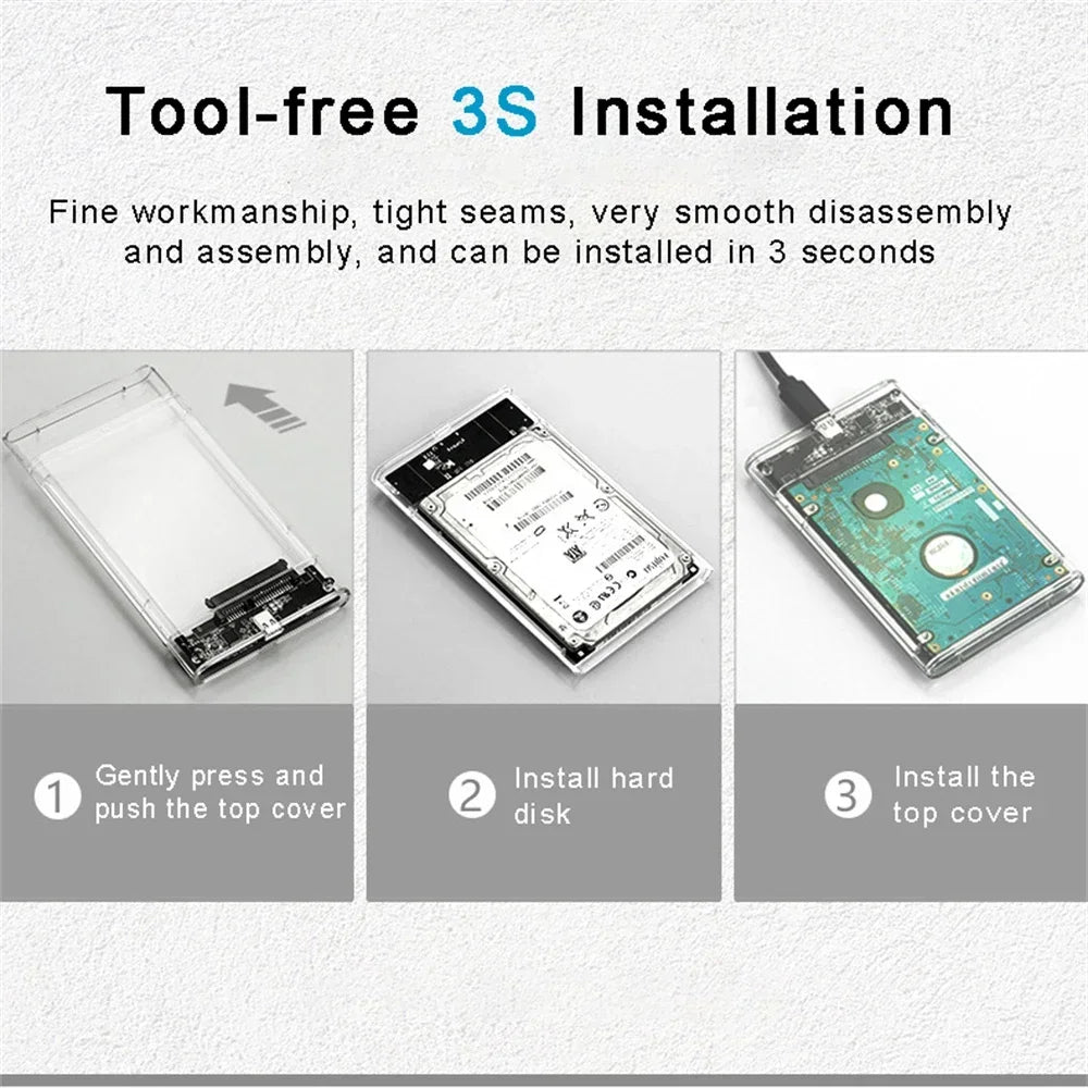 Carcasa Externa USB 3.0/Tipo C para Disco Duro HDD/SSD SATA 2.5" (UASP, Transparente, Portátil, Tool-Free)