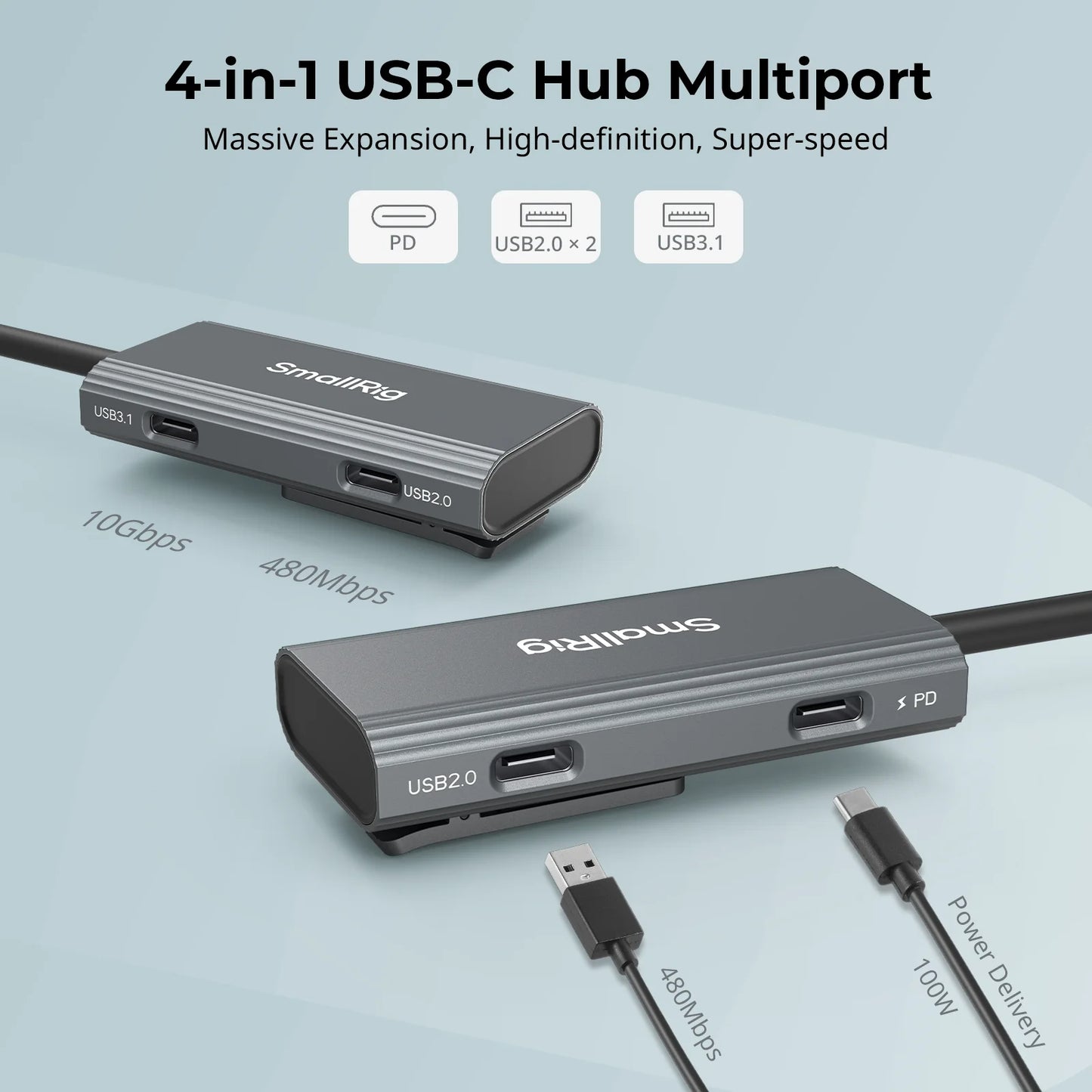 Hub USB-C 4-en-1 SmallRig PD 100W USB-C 3.1 + USB-C 2.0 + Adaptador Audio para Grabación Video Profesional Celular (4598)
