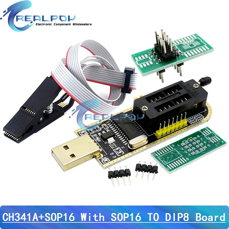 Kit Programador USB CH341A 24/25 Series EEPROM Flash BIOS + Clip Test SOP16/SOIC16 para RT809F/TL866
