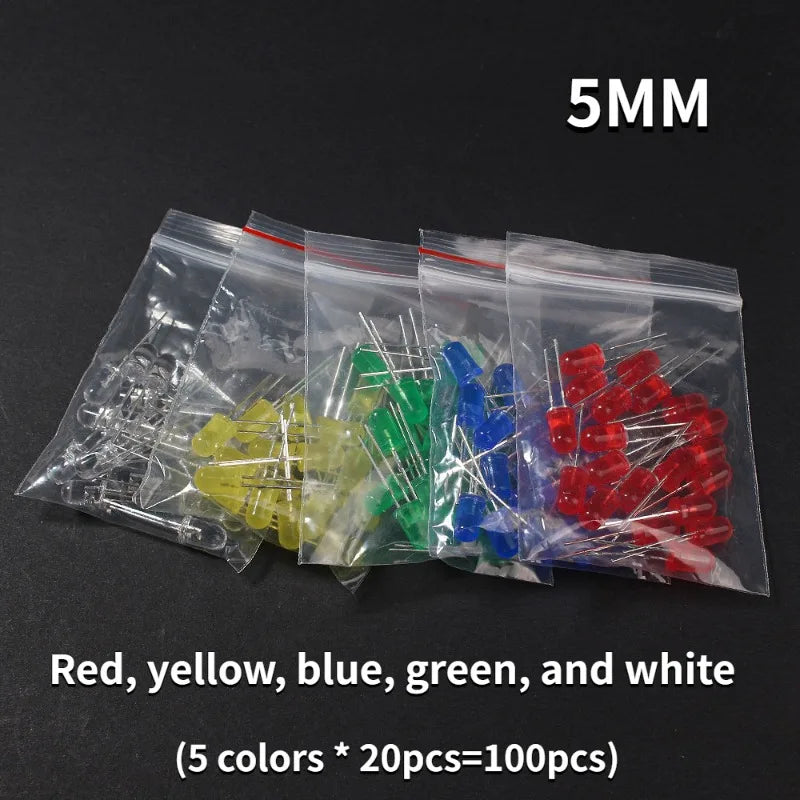 Kit Surtido Diodos LED (3mm/5mm/8mm/10mm, Rojo/Amarillo/Azul/Verde/Blanco) para DIY Electrónico (50/100 Unidades)