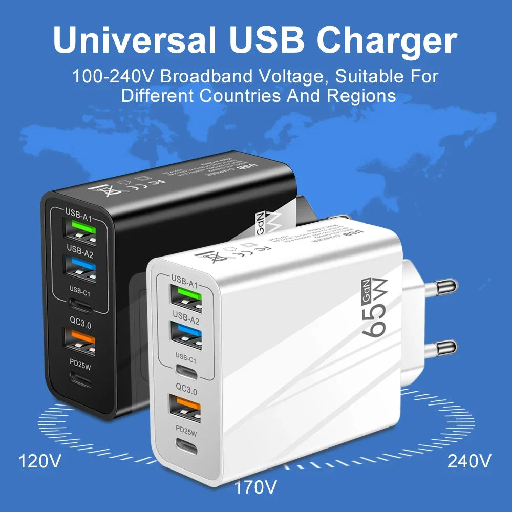 Cargador Pared Rápido 65W (PD + 3 USB-A 3.1A) Adaptador Viaje Multi-Interfaz Enchufe EU/US para Samsung/Xiaomi/iPhone