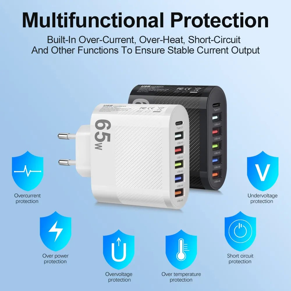 Cargador Pared USB 5 Puertos 3.1A Adaptador Carga PD QC 3.0 para Xiaomi/iPhone 13/Samsung