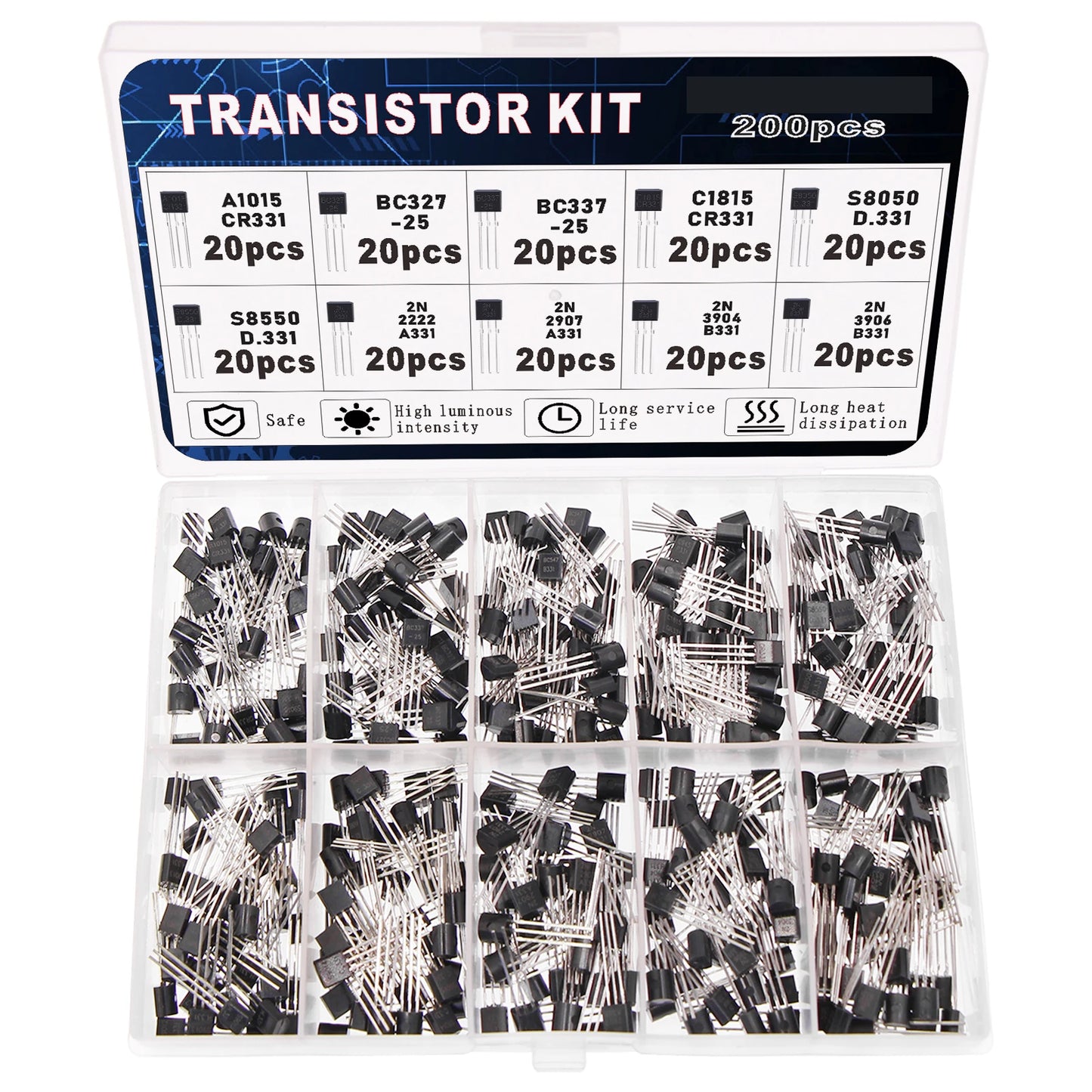 Kit Surtido Transistores BJT TO-92 - 10 Valores (A1015, BC327/337, C1815, S8050/8550, 2N2222/2907) (Total 200 Piezas)