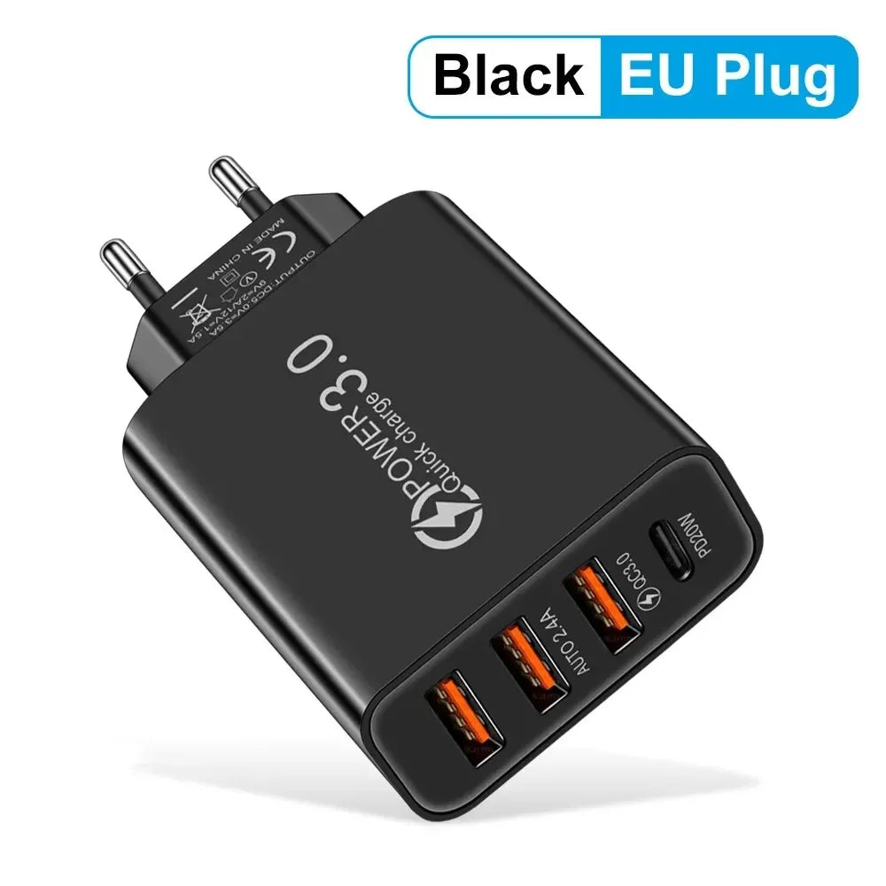 Cargador Pared Múltiple 4 Puertos USB (Total 60W) Carga Rápida PD Tipo C Adaptador Móvil para Xiaomi/iPhone 14/15/Samsung S24