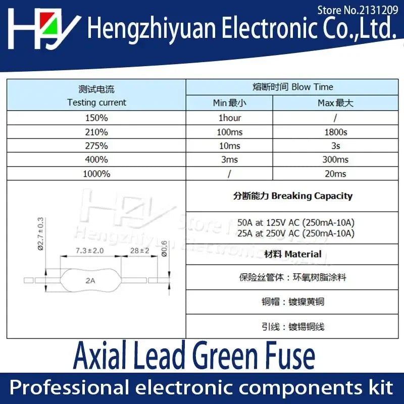 Axial Lead Green Fuse 125/250V 0251 1/8A 1/4A 62mA 125mA 250mA 1A 2A 3A 3.15A 4A 5A 7A 8A 10A 15A Fast Blow PICO Resistance Fuse