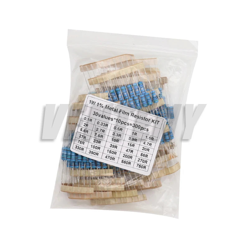 Kit Surtido Resistencias Película Metálica 1% (1/2W, 1W, 2W, 3W, 30 Valores, 1R-820K Ohm) (150/300 Piezas)