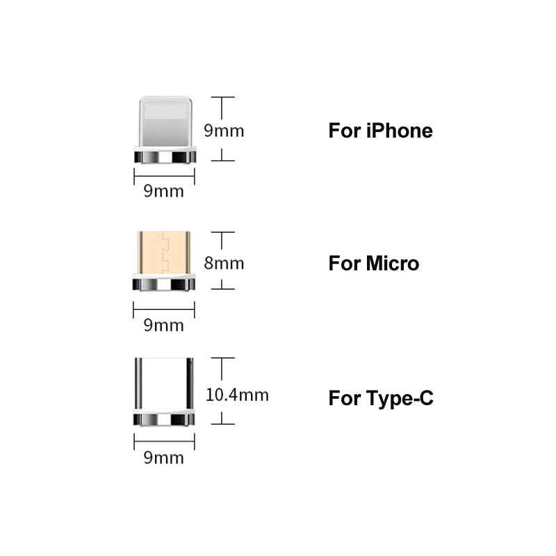Puntas/Cabezales Conector Adaptador Carga Magnética para Cable USB (Tipo C/Micro USB/iPhone) Carga Rápida 3A (5 Unidades, Sin Cable)