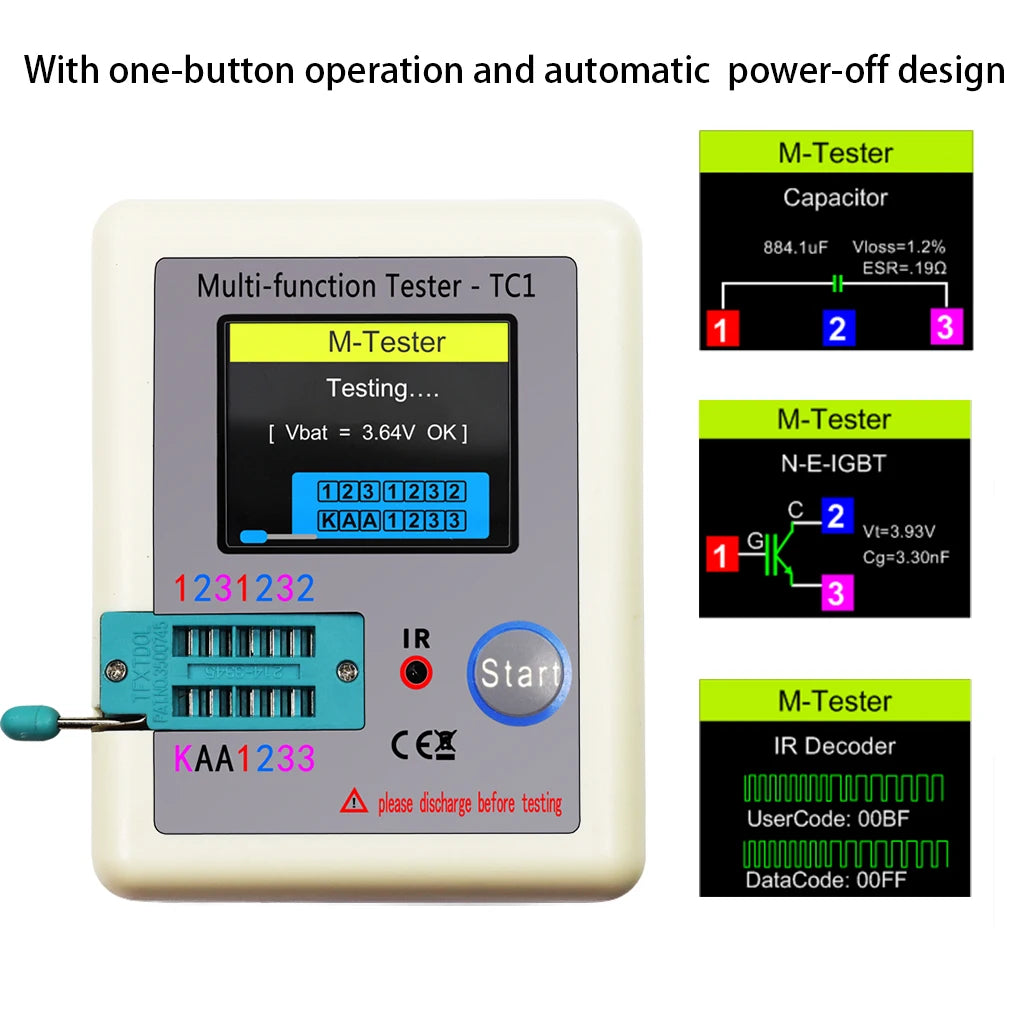 Tester Transistor LCR-TC1 (Pantalla TFT 1.8") - Medidor Multifunción Diodo, Triodo, Capacitor, Resistencia (MOSFET/NPN/PNP/TRIAC)