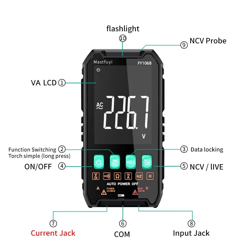Multímetro Digital Multifunción Mastfuyi FY106 AC/DC - Smart Tester NCV, Ohmetro, Voltímetro (600V)