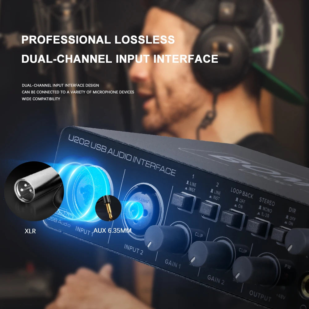 Interfaz de Audio USB Bomge U202 Preamplificador Micrófono XLR/TRS/TS 48V 32-bit/192kHz Grabación/Streaming