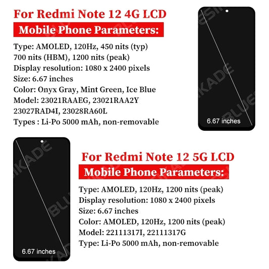 OLED For Xiaomi Redmi Note 12 5G Display 22111317I Touch Screen Digitizer For Redmi Note 12 4G LCD 23027RAD4I Replacement Parts