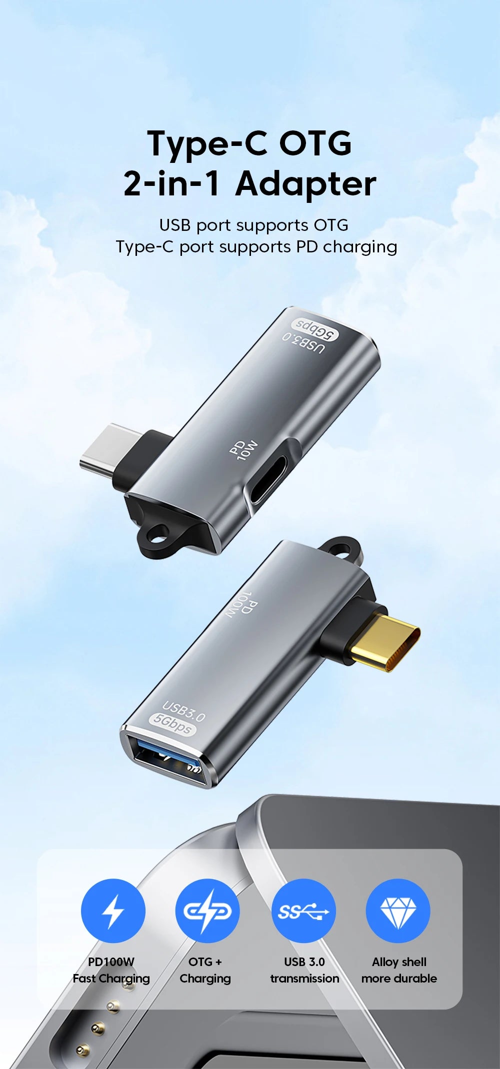 Adaptador OTG Elough 2-en-1 PD 100W (USB-C a USB-C / USB-A a USB-C) para iPhone 15/Laptops/Xiaomi/Huawei