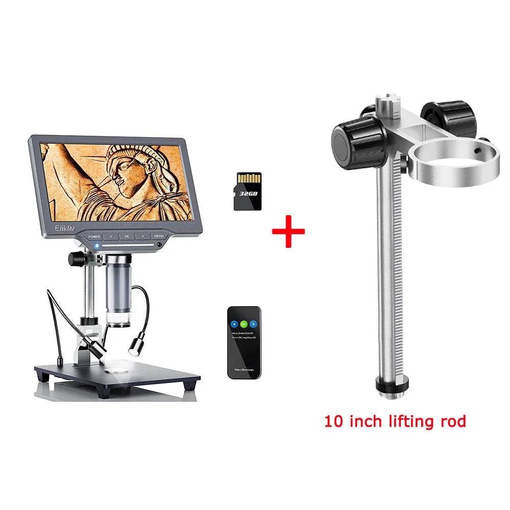 Elikliv 1200X Soldering Microscope for Electronics Repair 7" Digital Microscope with 10" Stand 2MP Coin Magnifier with 10 LEDs