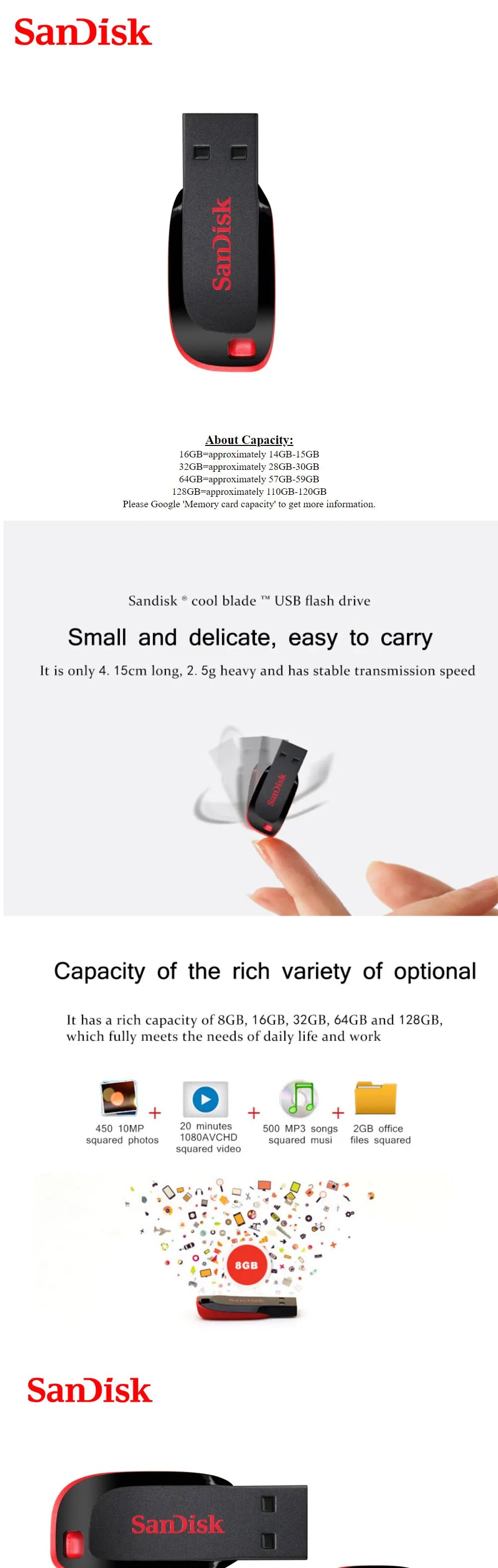Memoria USB Flash Drive Pendrive Sandisk Mini (16GB/32GB/64GB/128GB) USB 2.0 Stick Disk-on-Key para Teléfono