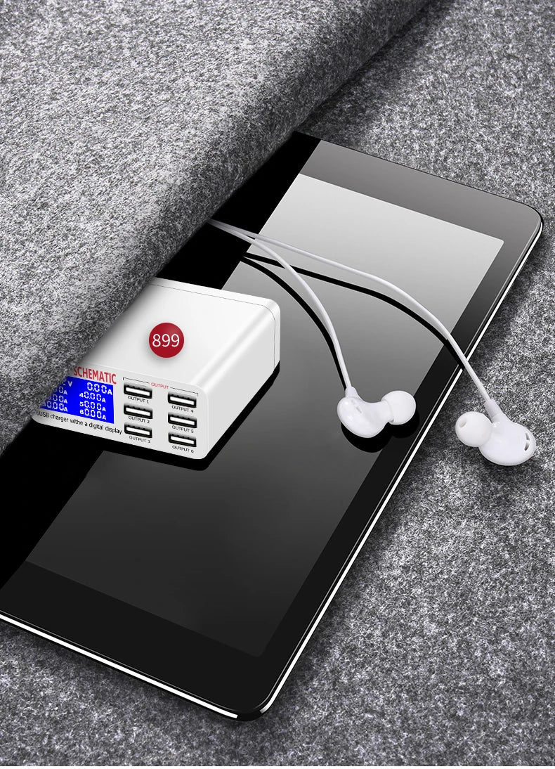 Hub Cargador USB 6 Puertos Carga Rápida con Pantalla LED (Voltaje/Corriente)