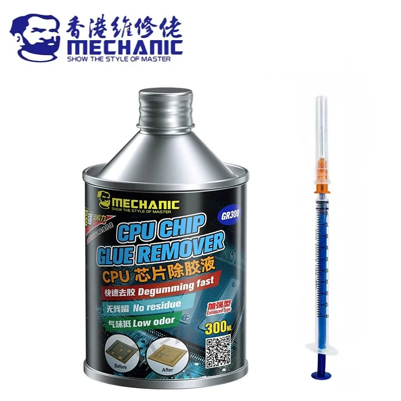 Líquido Removedor Pegamento CPU MECHANIC GR300 (300ml) con Cepillo Limpieza para IC (Inmersión 20 min) Herramienta Reparación Teléfono
