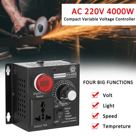 Regulador Voltaje AC 220V 4000W SCR Dimmer Ajustable Velocidad/Temperatura/Luz Compacto