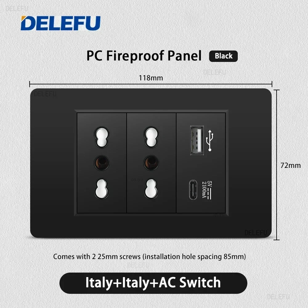 Enchufe Pared Delefu Italia/Chile PC Negro USB-C Carga Rápida + Schuko + Switch Smart Tuya WiFi + SAT/TV/TEL/Timbre