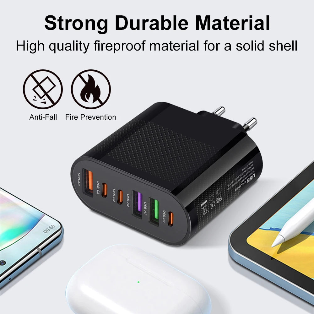 Cargador Pared USB C Múltiple 6 Puertos 65W Carga Rápida PD Adaptador Móvil para iPhone 14/15 Pro/Xiaomi/Samsung/Oneplus