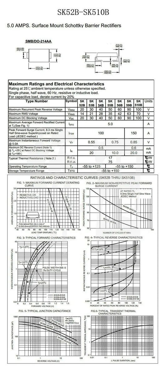 Diodo Schottky SMD SMB SS54 (SK54B / 1N5824) 5A 40V DO-214AA - Lote 20 Piezas