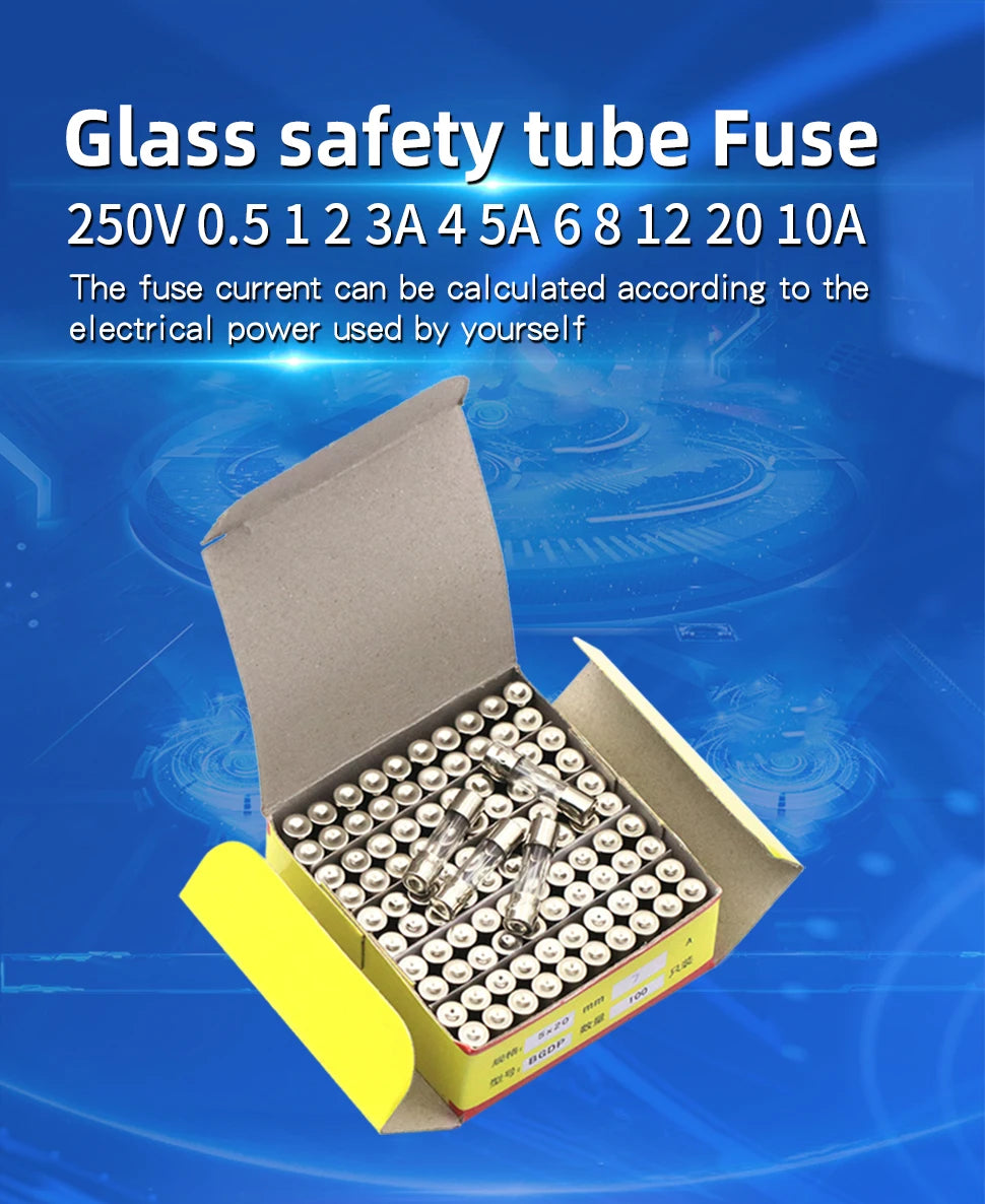 100Pcs Set 5x20mm Quick Blow Glass Tube Fuse Assorted ,Fast-blow Glass Fuses