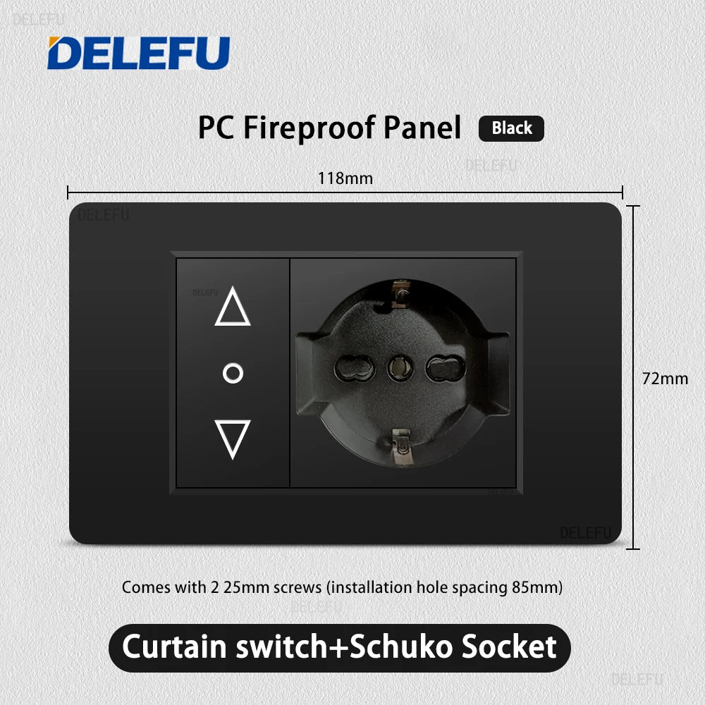 Enchufe Pared Delefu Italia/Chile PC Negro USB-C Carga Rápida + Schuko + Switch Smart Tuya WiFi + SAT/TV/TEL/Timbre