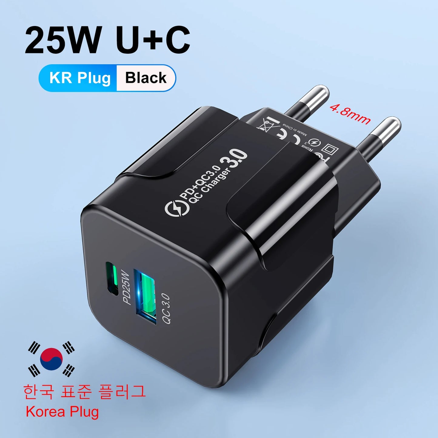 Cargador Pared Rápido PD 25W USB Tipo C (Enchufe Coreano KR) para iPhone 15 Pro Max