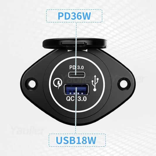 Panel Salida USB RV 12V PD 36W (USB-C) + QC3.0 18W (USB-A) Socket Cargador Auto Carga Rápida