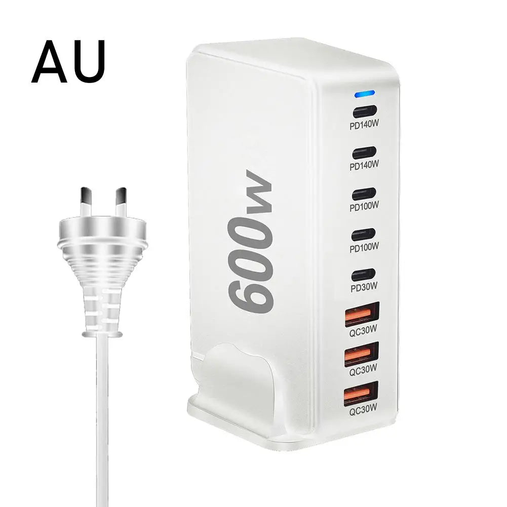 Cargador Escritorio GaN 600W PD3.1 Multifunción 28V/5A USB-C Adaptador US/EU/UK/AU Ahorro Energía