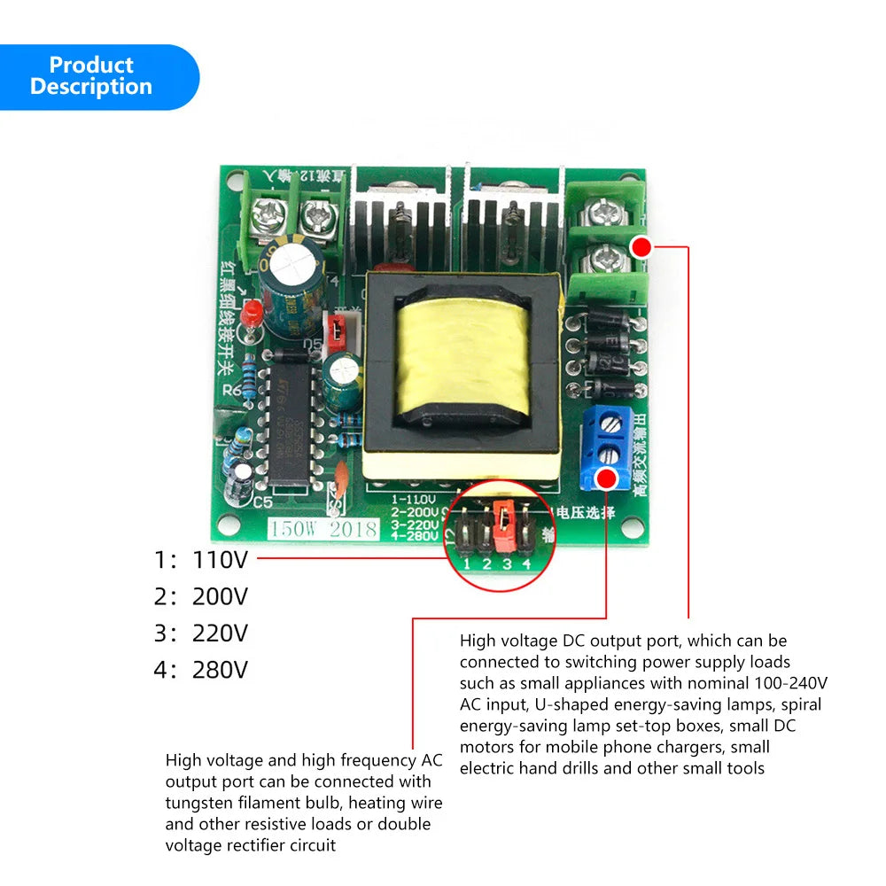 Módulo Inversor Boost DC 12V a AC 220V 150W Step-Up Regulador Voltaje