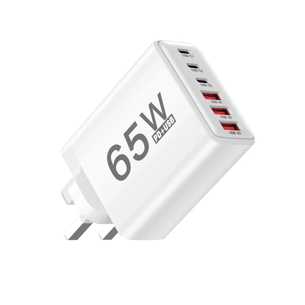 Cargador Pared USB C Múltiple 6 Puertos 65W Carga Rápida Total PD Adaptador Móvil para iPhone 15/16 Pro/Xiaomi/Samsung