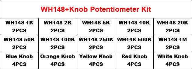 20Sets WH148 15MM Single Potentiometer Kits B1K/2K/5K/10K/20K/50K/100K/250K/500K/1M,With White, Blue Yellow Orange Red Knobs Set