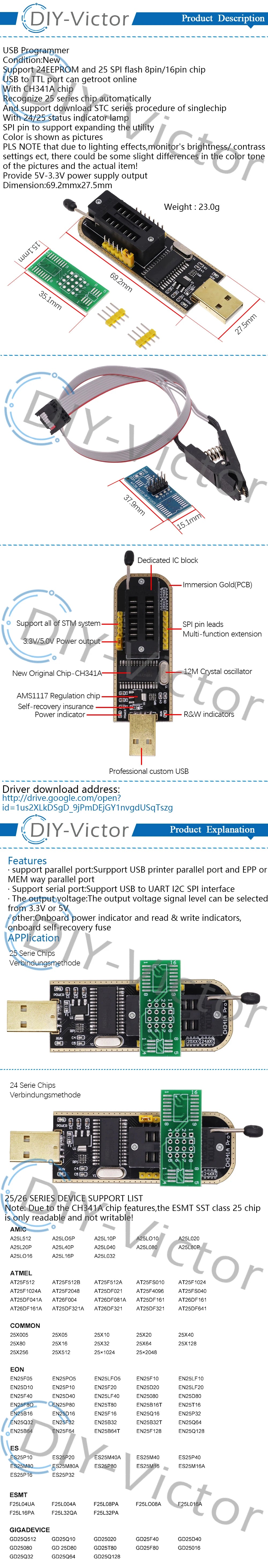 Kit Programador USB CH341A 24/25 Series EEPROM Flash BIOS + Clip Test SOIC8/SOP8 (DIY Kit i21)