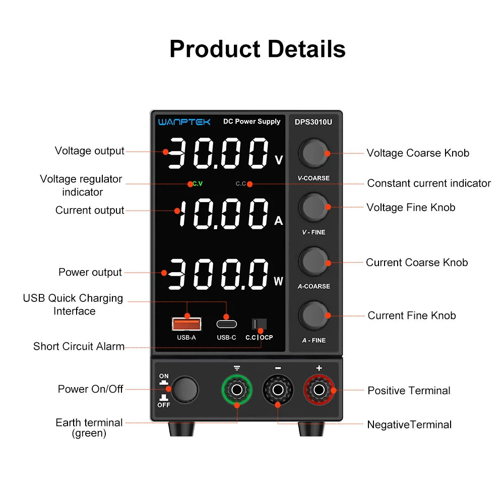 Fuente de Poder Laboratorio WANPTEK DC Ajustable 30V/60V/120V Regulador Voltaje Preajuste V/A (Input 110V/220V)
