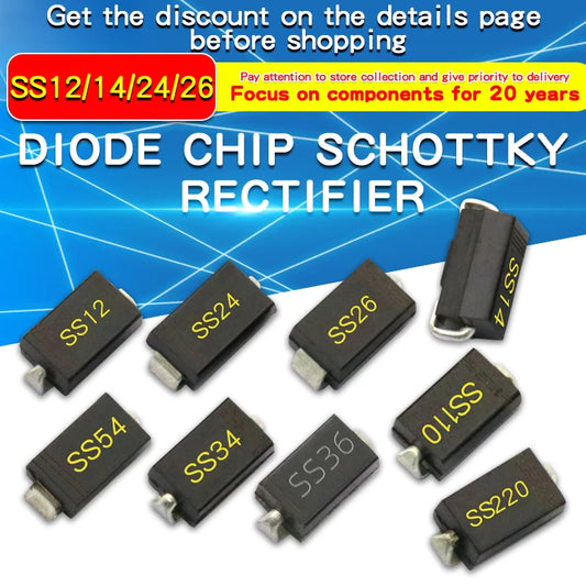 Diodo Schottky SMD (SS12/SS14/SS24/SS26/SS34/SS36/SS54/SS110/SS2200, SMA) (20 Unidades)