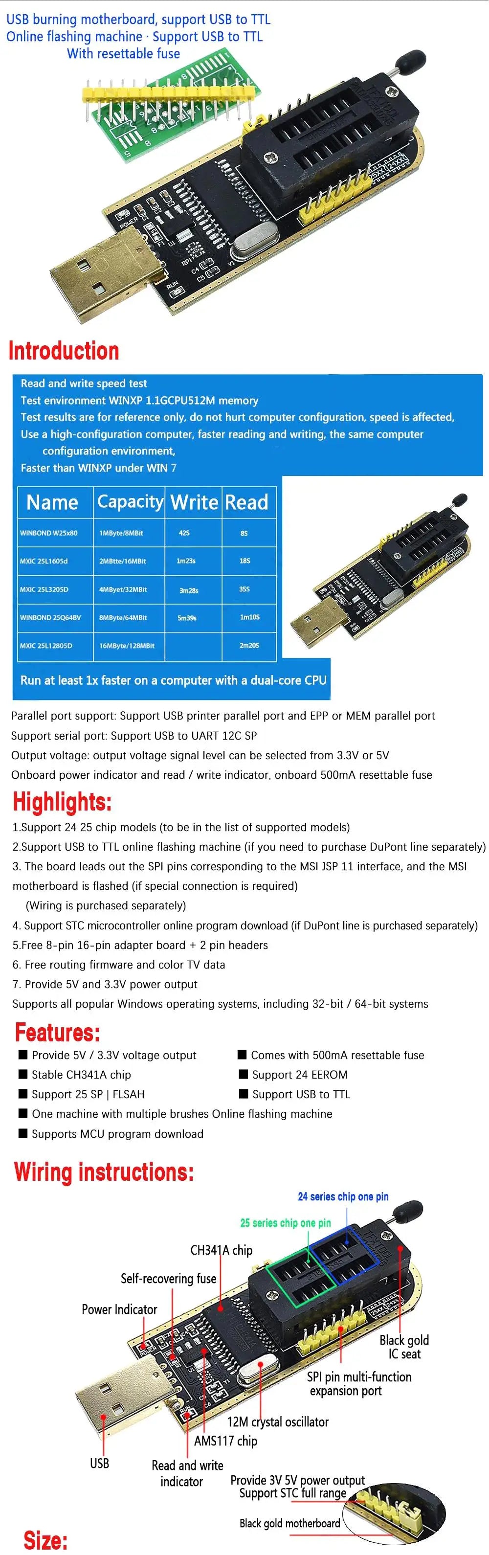 Kit Programador USB XTW100 (CH341) 24/25 Series EEPROM Flash BIOS + Clip Test SOIC8/SOP8