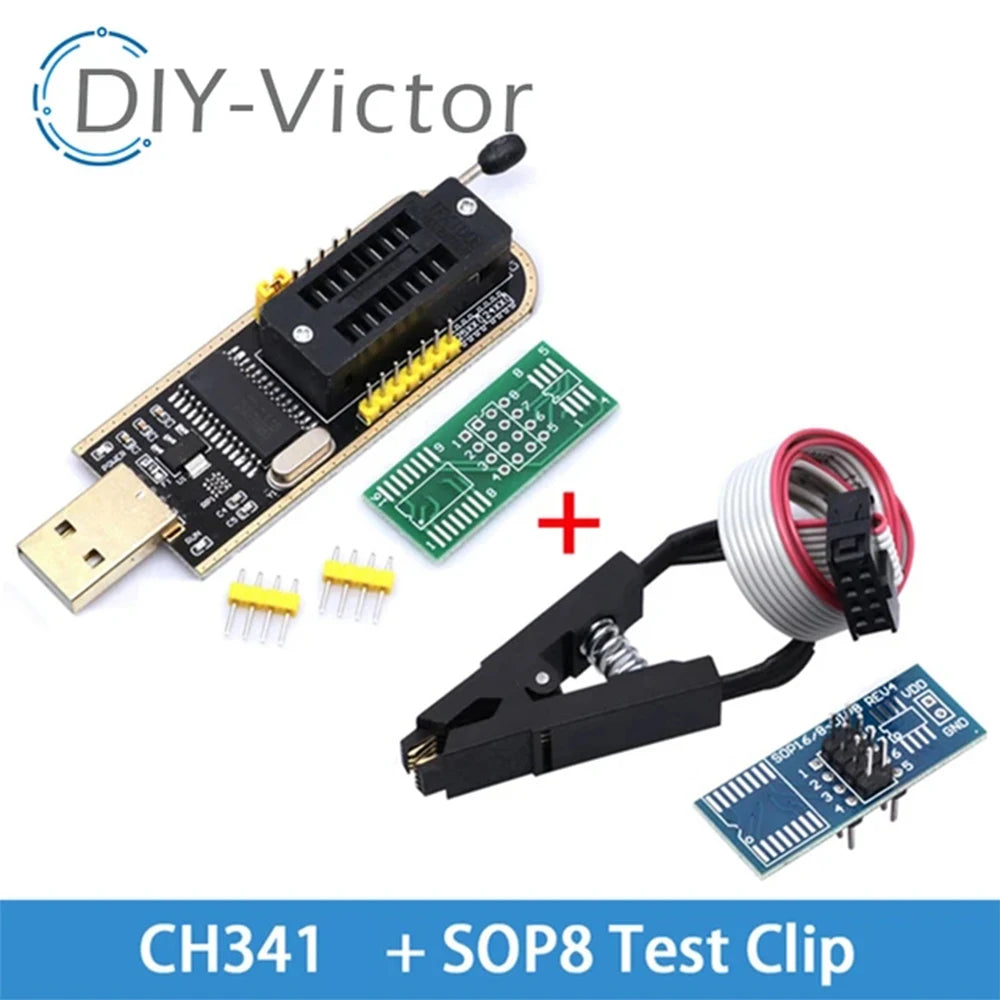 Kit Programador USB CH341A 24/25 Series EEPROM Flash BIOS + Clip Test SOIC8/SOP8 (DIY Kit i21)