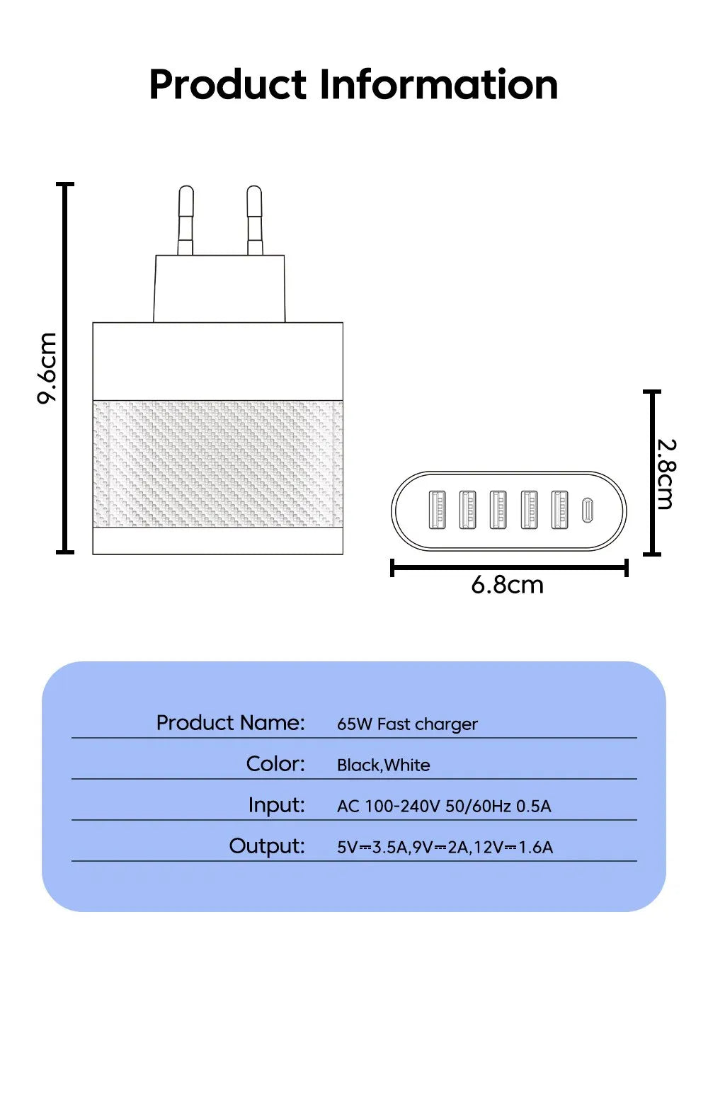 Cargador Pared USB 5 Puertos 3.1A Adaptador Carga PD QC 3.0 para Xiaomi/iPhone 13/Samsung