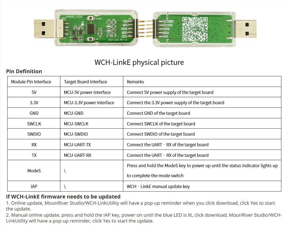 Adaptador Debugger/Descarga Online WCH LinkE (Soporta WCH RISC-V MCU / ARM SWD, USB a Serial)