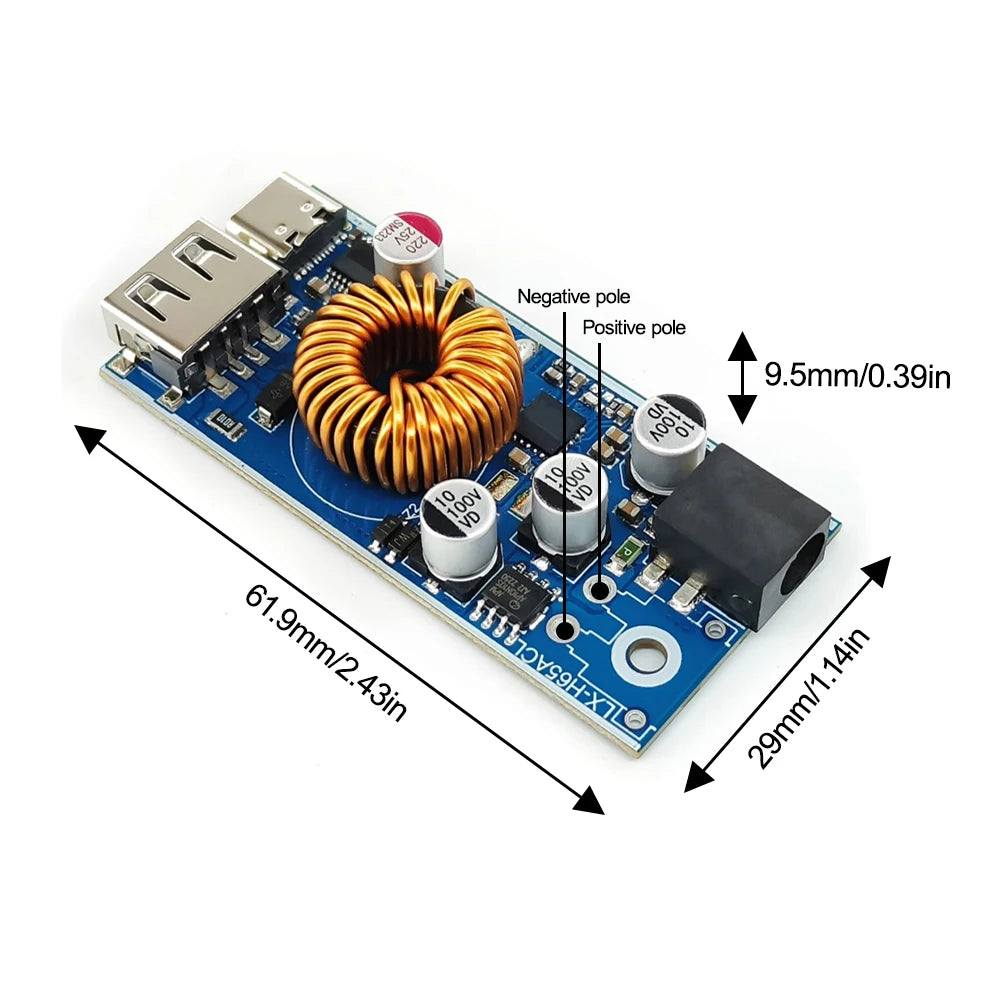 Módulo Adaptador Carga Rápida Doble USB (USB-A QC3.0 + USB-C PD) 65W DC 12V-96V Step-Down Apple/Huawei SCP/FCP