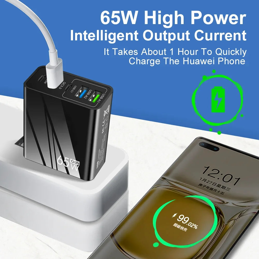 Cargador Pared Rápido 65W (PD + 3 USB-A 3.1A) Adaptador Viaje Multi-Interfaz Enchufe EU/US para Samsung/Xiaomi/iPhone