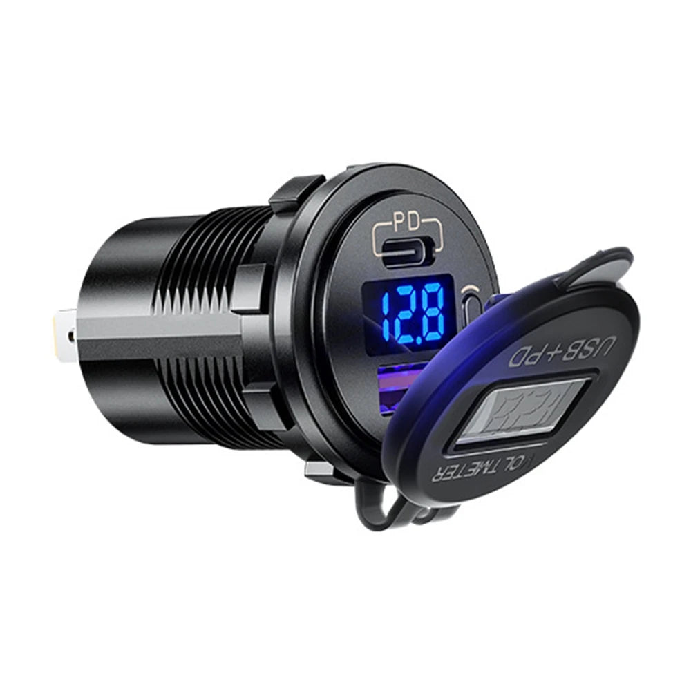 Cargador USB Auto/Camión PD 60W + QC 3.0 con Switch LED Voltímetro 12V/24V Carga Rápida