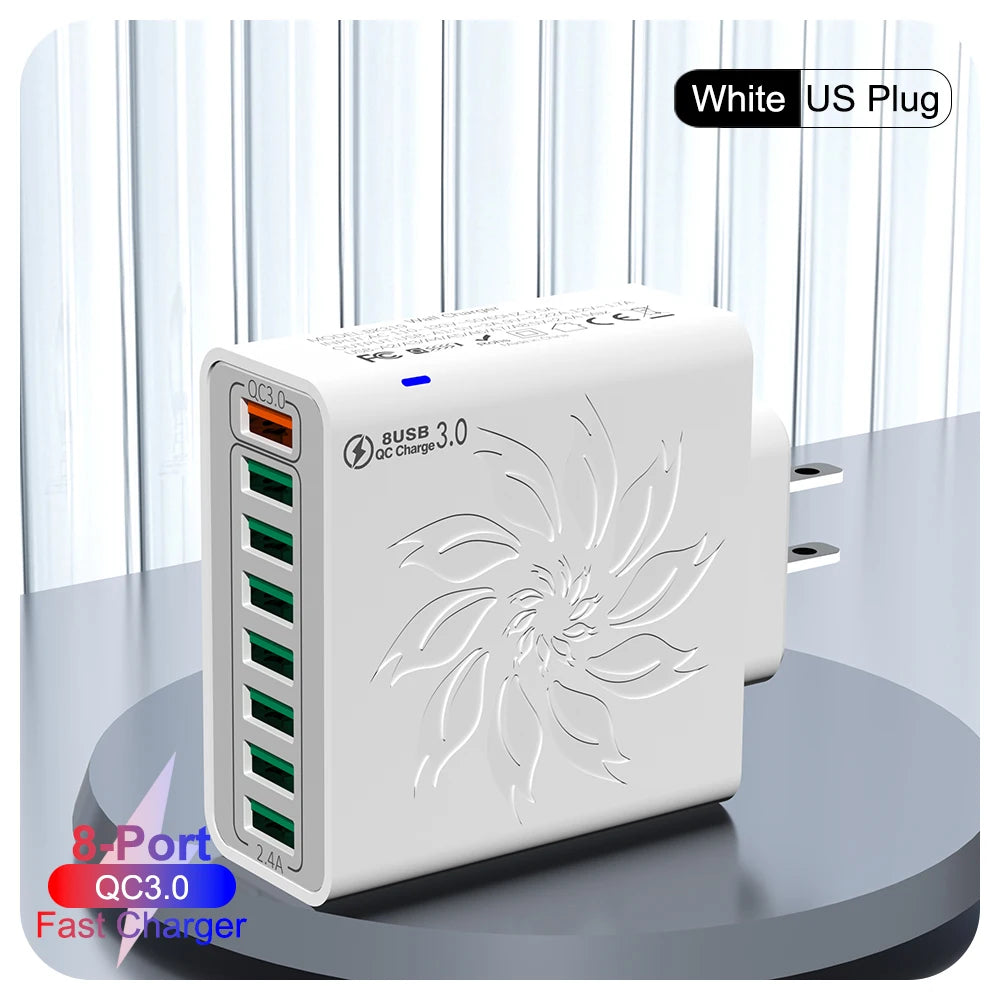 Cargador Rápido USB 8 Puertos QC5.0 120W Adaptador Corriente Enchufe EU/US/KR para iPhone 13/14/15/Xiaomi/Samsung
