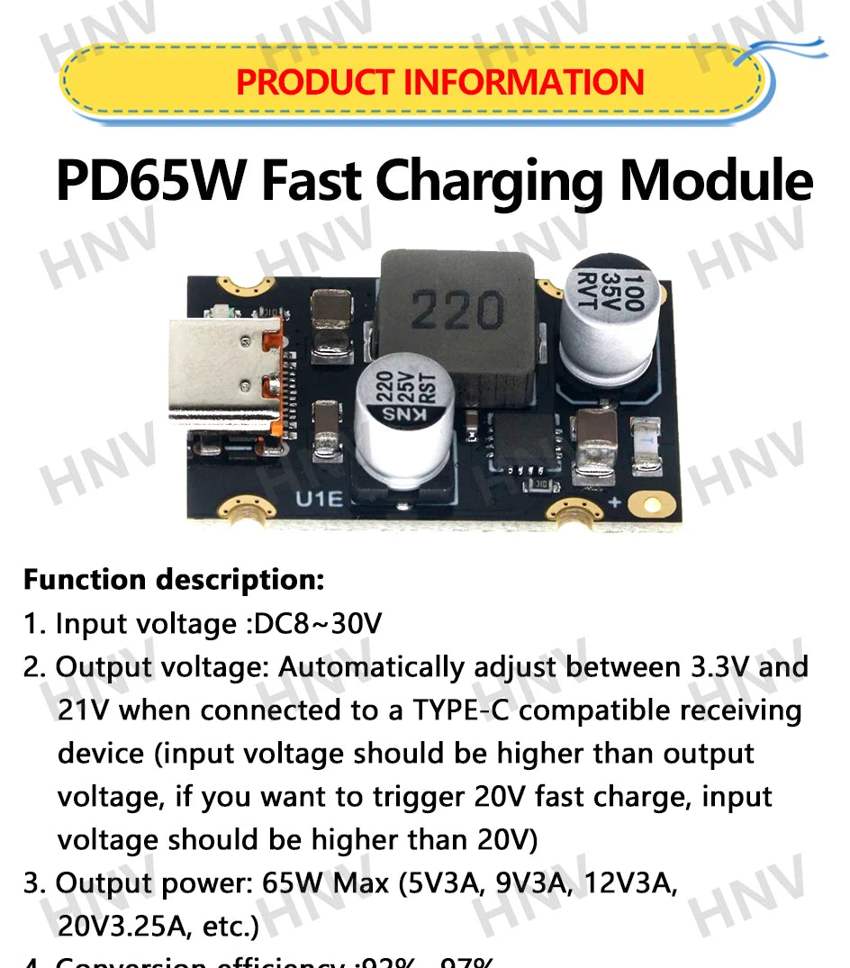 Módulo Carga Rápida PD 65W USB-C Soporta PD3.1/QC3.0/SCP/PPS 5V-20V