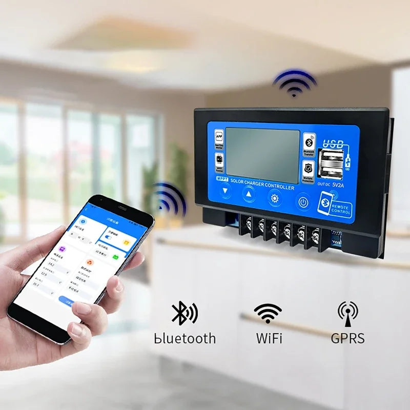 Controlador Carga Solar MPPT 30A/60A 12V/24V LCD Display Bluetooth/WiFi Snap-On Almacenamiento Energía