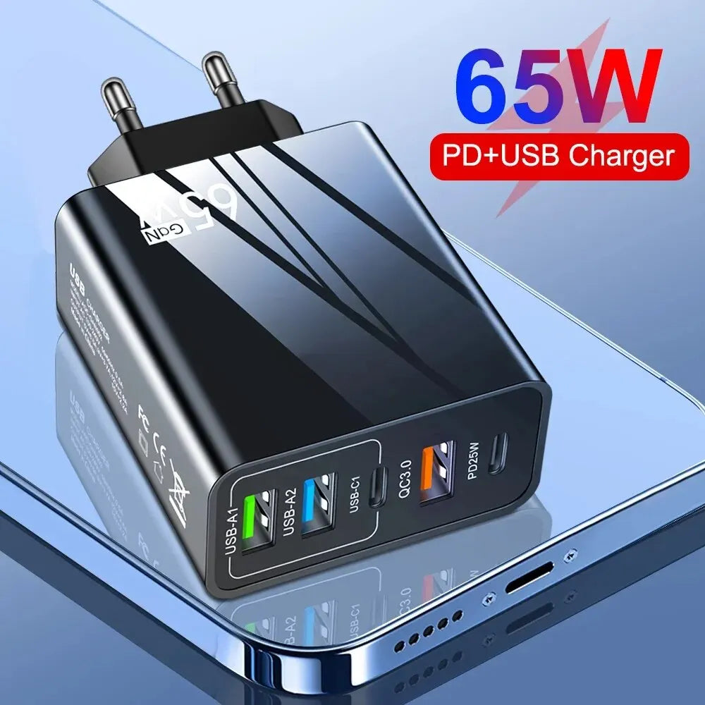 Cargador Pared Rápido 65W (PD + 3 USB-A 3.1A) Adaptador Viaje Multi-Interfaz Enchufe EU/US para Samsung/Xiaomi/iPhone