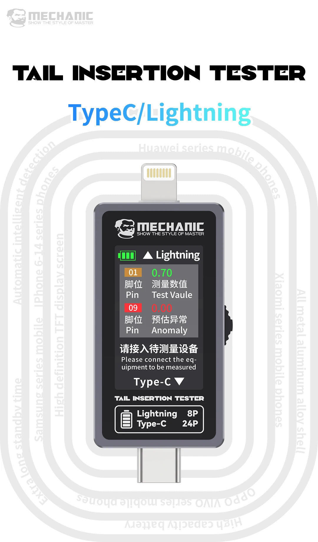 Tester Precisión Inserción Trasera Mechanic T-824 - Corriente y Potencia Digital (Tipo-C/Lightning)