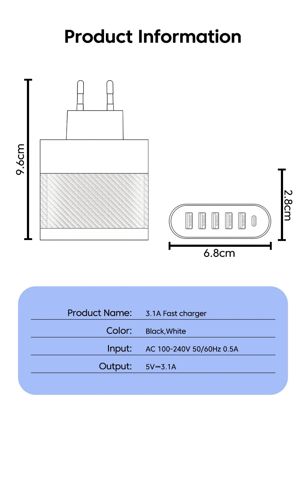 Cargador Pared USB 5 Puertos 3.1A Adaptador Carga PD QC 3.0 para Xiaomi/iPhone 13/Samsung